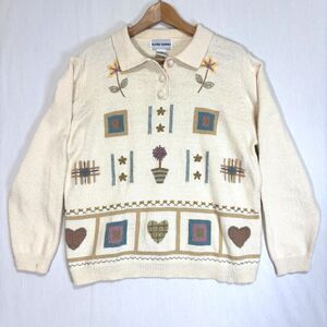 Vtg Alfred Dunner Sweater Womens Cream Floral Embroidered Cottage Grandma Sz L